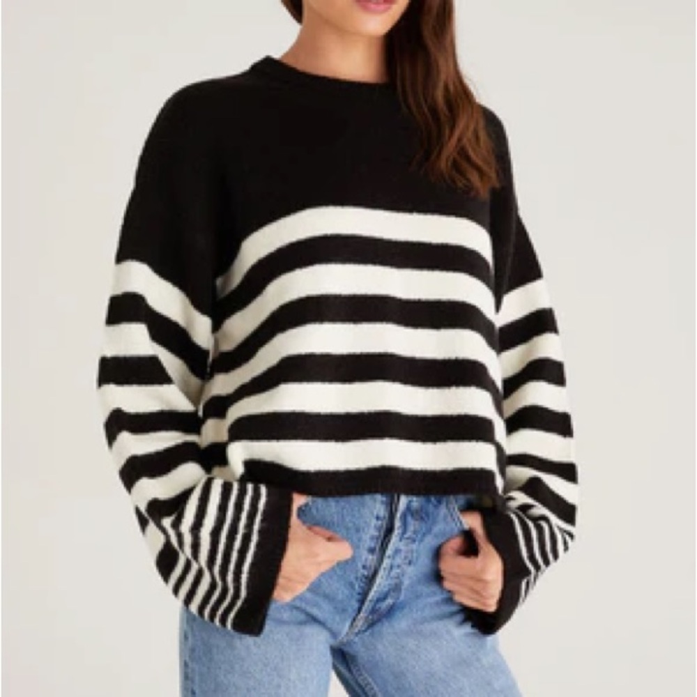 Z Supply Alivia Striped Sweater Bell Sleeve Black and White Fuzzy